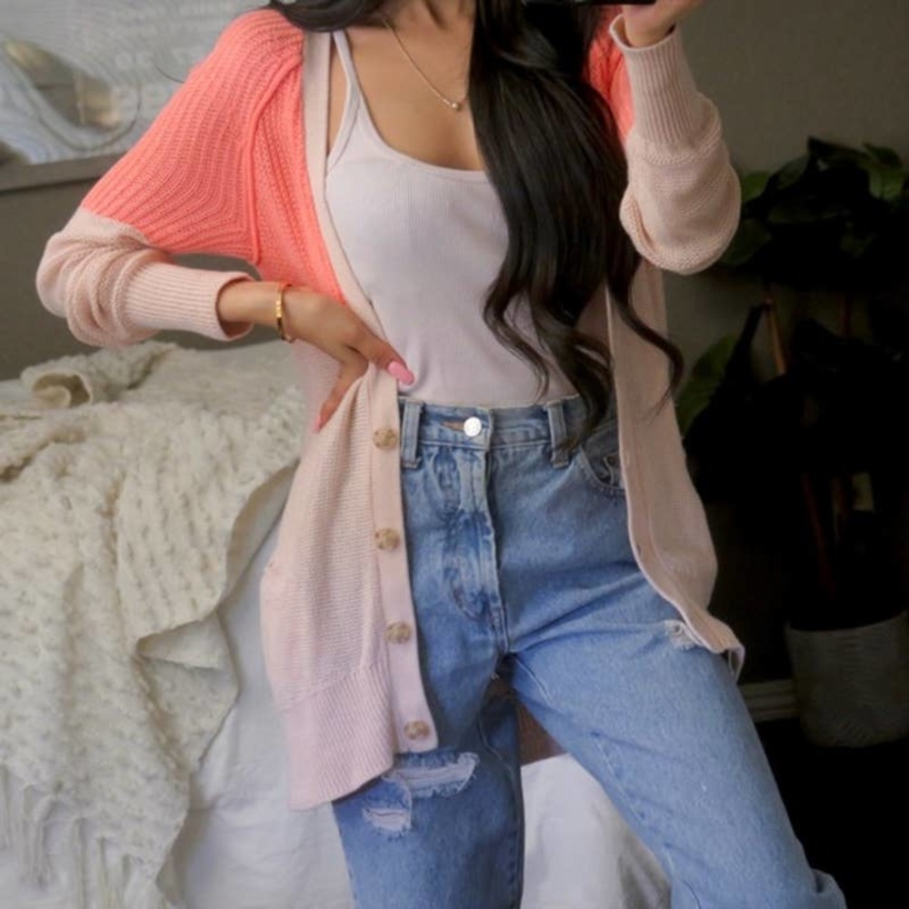 American Eagle Outfitters Cardigan Knit Sweater Coral Tan Button Front Size SP